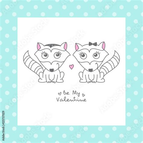 Vector Hand Drawn Raccoons Couple Greeting Card For Valentines Day