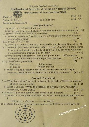 Class 8 Compulsory Science Question Paper ISAN First Terminal Exam