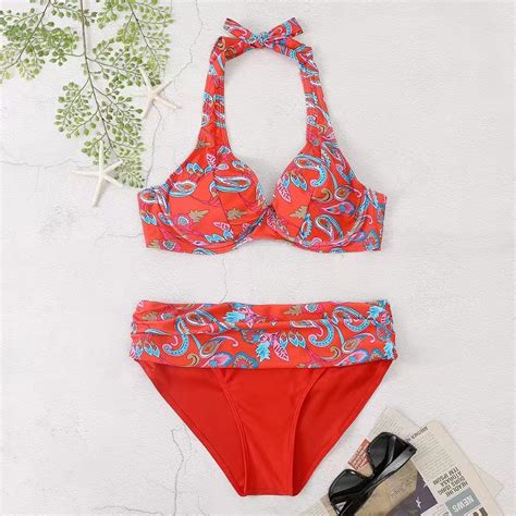 Paisley Print Halter Underwire Bikini Swimsuit SHEIN USA