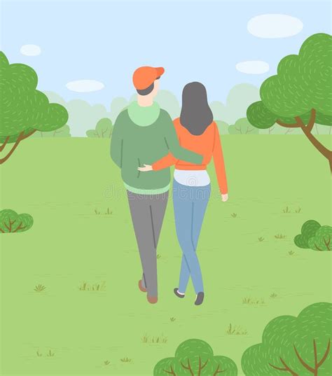 Couple In Love Walking In Park Or Forest Man Woman Stock Vector