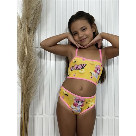 Kit 3 unidades Conjunto Infantil Nadador Estampado Top e Calçinha