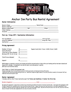 Fillable Online Anchor Inn Party Bus Rental Agreement Fax Email Print