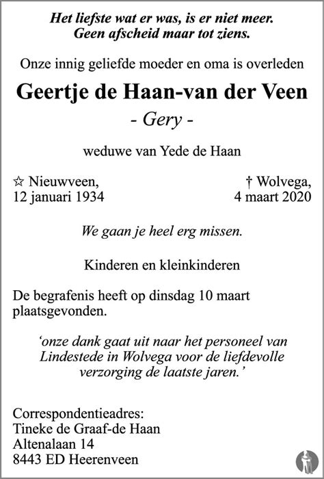 Geertje Gery De Haan Van Der Veen Overlijdensbericht En