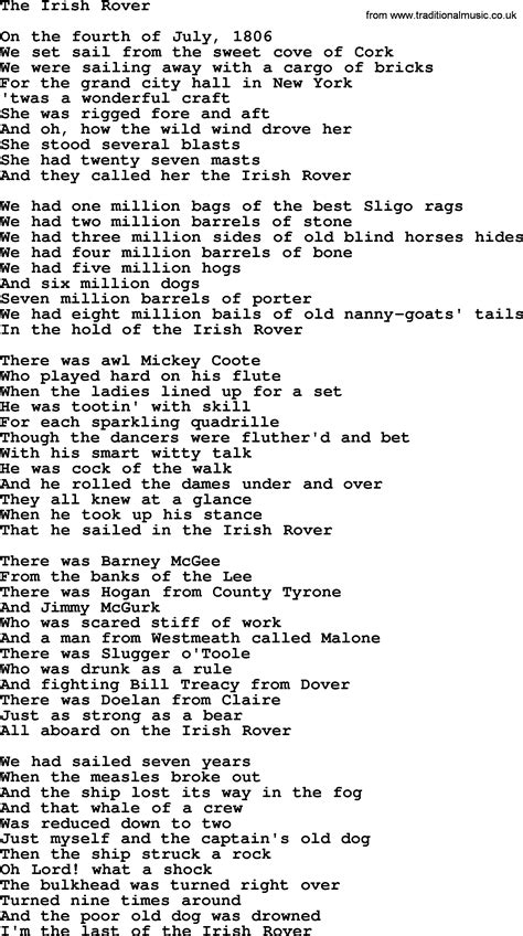 The Irish Rover By The Dubliners Song Lyrics And Chords