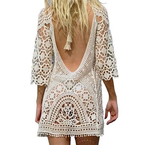 Sexy Black Backless Tunics Beach Dress Crochet Knitted Female Swimwear