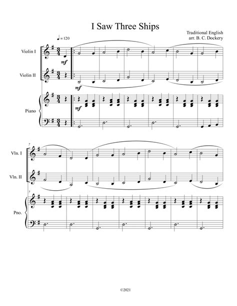 I Saw Three Ships Violin Duet With Piano Accompaniment Arr B C Dockery Von Traditional