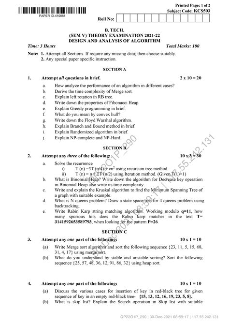 Design And Analysis Of Algorithm Kcs Qp O P Dec