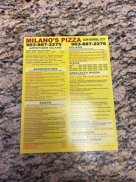 Menu At Milano S Pizza Pizzeria Gun Barrel City