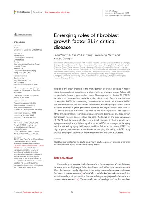 Pdf Emerging Roles Of Fibroblast Growth Factor 21 In Critical Disease