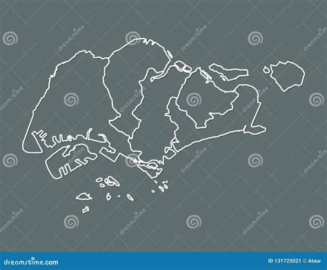 White Singapore Map With Regions Border Lines On Dark Background Vector