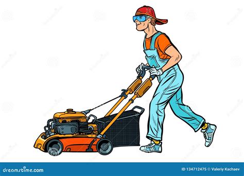 Lawn Mower Worker Isolate On White Background Stock Vector