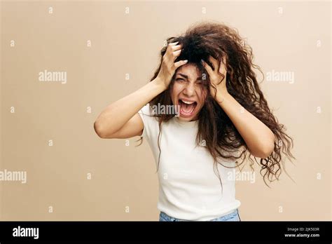 Problems Concept Crazy Beautiful Latin Female With Afro Rips Out Hair Have Big Troubles