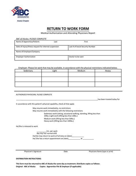 Free Printable Return To Work Form Printable Forms Free Online