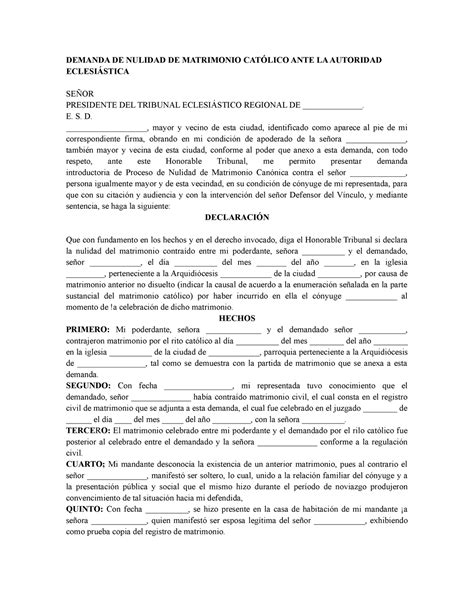 Demanda De Nulidad De Matrimonio Cat Lico Ante La Autoridad