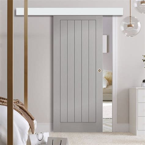 Single Sliding Door Wall Track Textured Vertical 5 Panel Grey Door