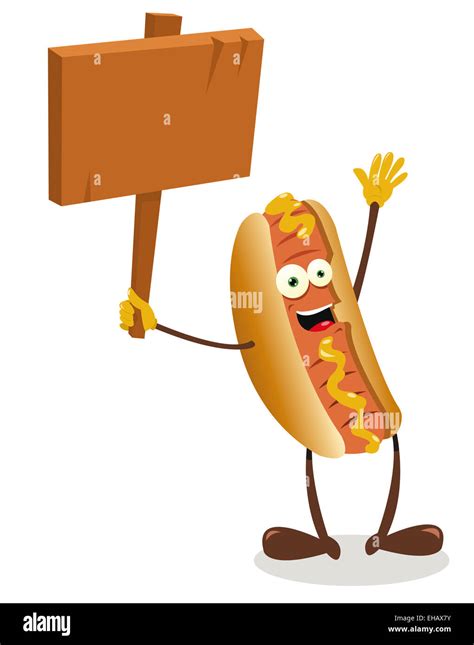 a vector cartoon representing a funny hot dog holding a blank wooden ...