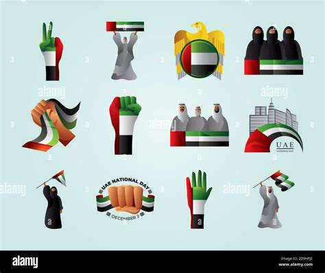 Uae National Day Collection Icons With People Hands Flags Vector