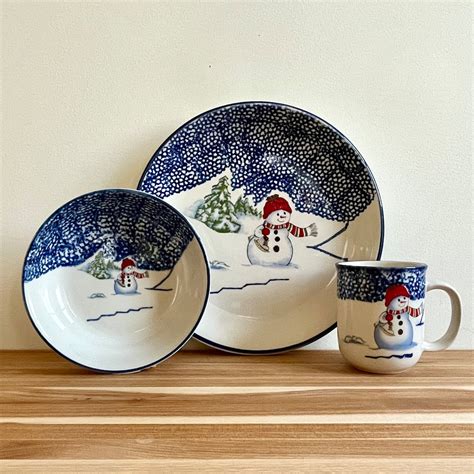 Vintage Blue Spongeware Christmas Snowman Dish Set 6 Place Settings