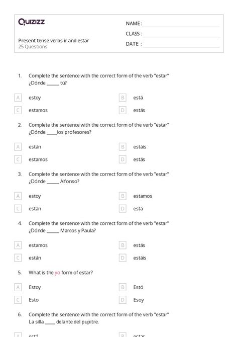 Present Tense Verbs Worksheets For Th Year On Quizizz Free