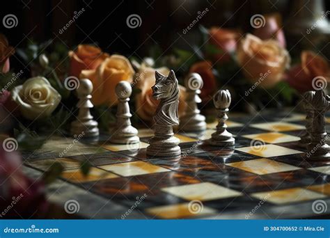 Enigmatic Twilight Chess Game With Floral Accents Generative Ai Stock