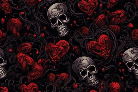 Premium Ai Image Seamless Pattern With Red Hearts And Skulls On A