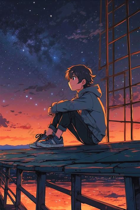 The Anime Boy Sitting Alone At Night Illustration | PSD Free Download ...