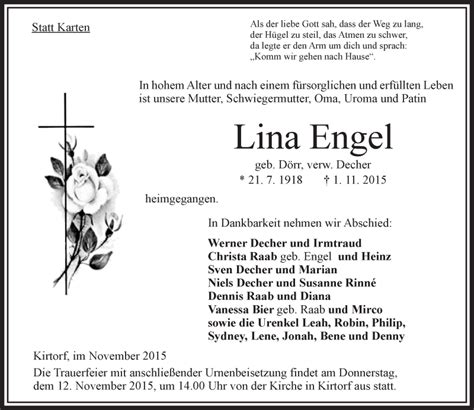 Traueranzeigen Von Lina Engel Vrm Trauer De