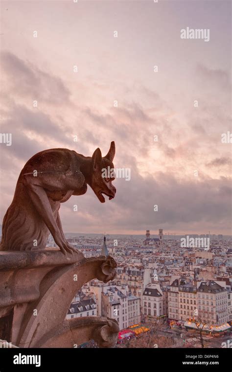 A gargoyle on Notre Dame de Paris cathedral looks over the city, Paris ...