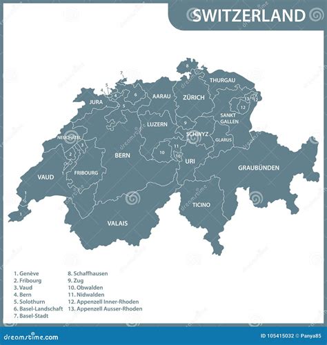 The Detailed Map of the Switzerland with Regions or States Stock Vector ...