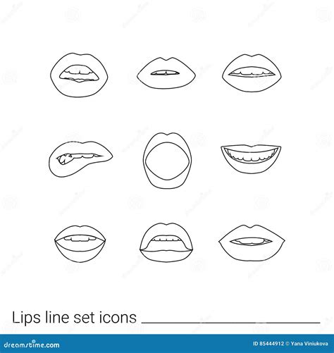 Vector Set Of Women`s Lips Icons With Red Lipstick Line Art Stock