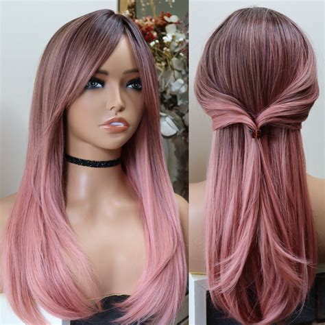 22 Dusty Pink Ombre Wig With Curtian Bang Etsy