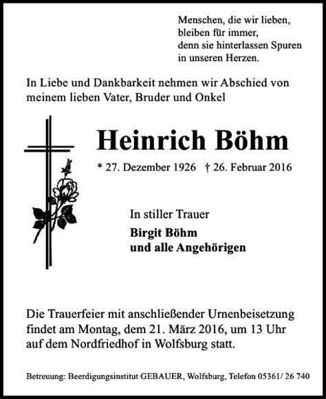 Traueranzeigen von Heinrich Böhm trauer38 de