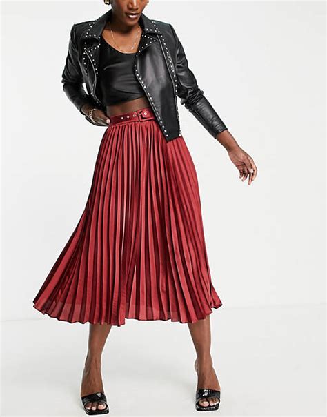 Asos Design Satin Pleated Midi Skirt With Belt In Wine Asos