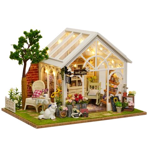 Wood Dollhouse Furniture Kit Miniature Flower Shop Craft With Led