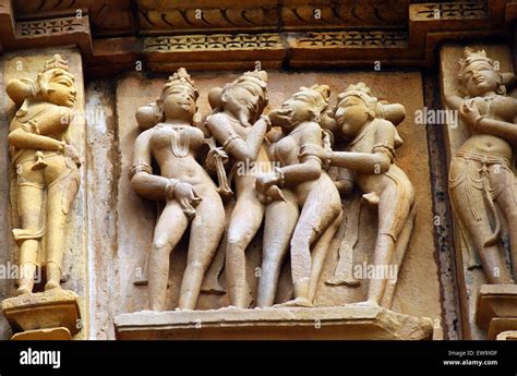 Khajuraho Erotic Carving Kamasutra Sculptures On The Outer Walls Of