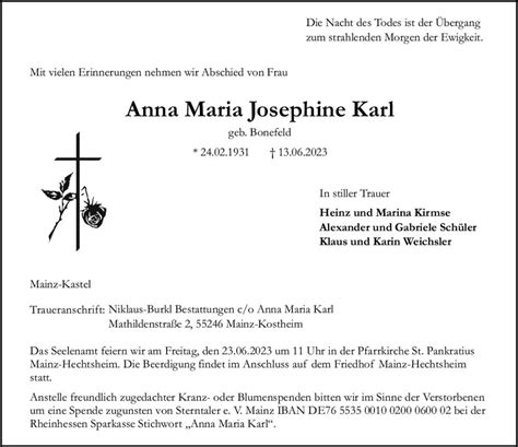 Traueranzeigen Von Anna Maria Josephine Karl Vrm Trauer De