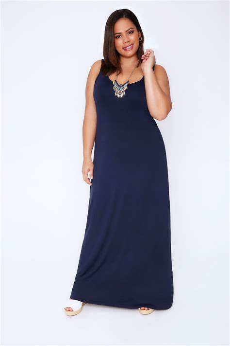 Navy Plain Sleeveless Jersey Maxi Dress Plus Size 16 To 32