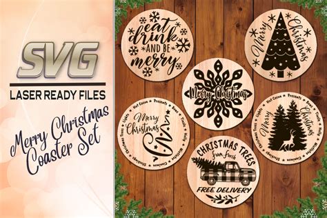 Merry Christmas Coaster Set SVG Laser Glowforge Files (882966) | Laser Engraving | Design Bundles