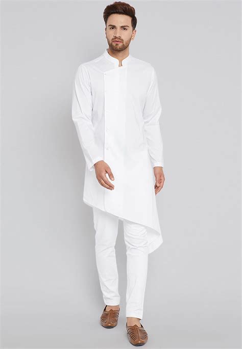 Solid Color Cotton Asymmetric Kurta Set In White In 2021 Gents Kurta Design Mens Kurta