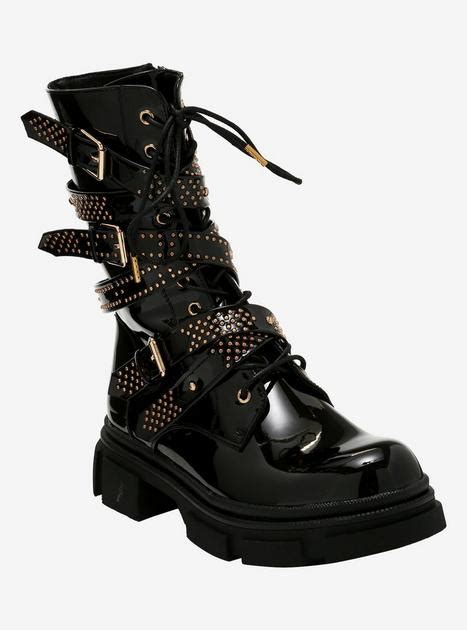 Gold Stud Multi Strap Black Patent Combat Boots Hot Topic