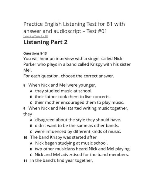 Practice English Listening Tests For B For Each Question Choose The