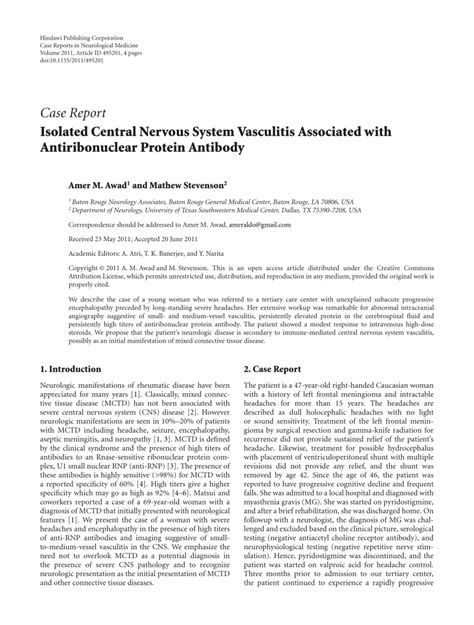 Pdf Isolated Central Nervous System Vasculitis Associated With Antiribonuclear Protein Antibody