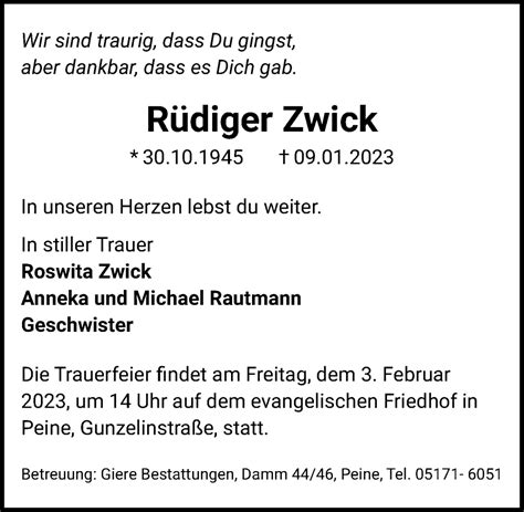 Traueranzeigen von Rüdiger Zwick trauer anzeigen de