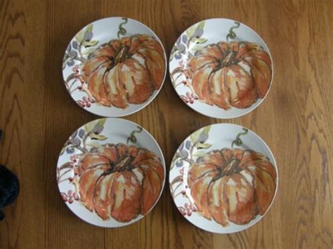 Set 4pottery Barn Harvest Pumpkin Stoneware Dinner Plates Fall