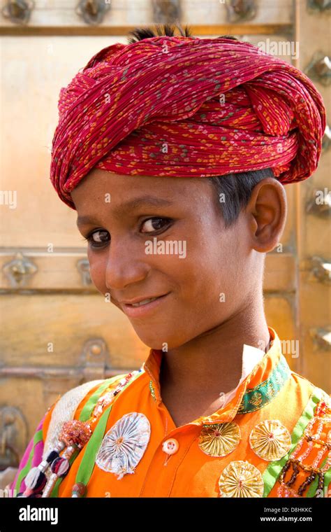 India Rajasthan Jaipur Portrait Of A Local Boy Wearing A Bright