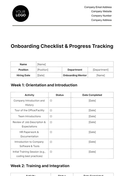 Free Onboarding Checklist Progress Tracking Hr Template Edit Online