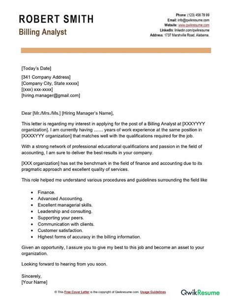 Billing Analyst Cover Letter Examples Qwikresume