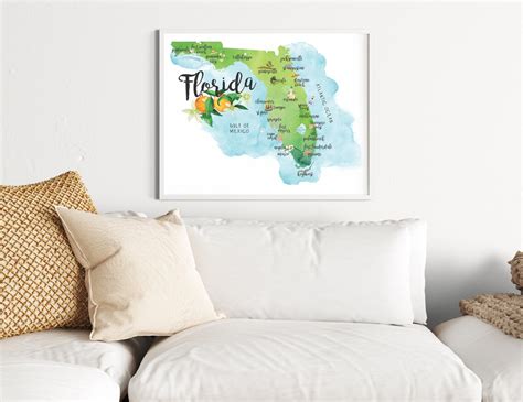 Florida State Map Wall Art Illustrated Florida Map Vintage Florida State Map Florida Travel