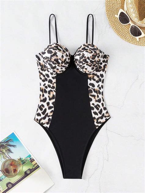 SHEIN Swim Maiô De Uma Peça Estampa De Patchwork De Leopardo E