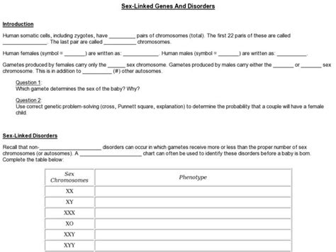 Sex Linked Genes And Disorders Worksheet For 9th Higher Ed Lesson Planet